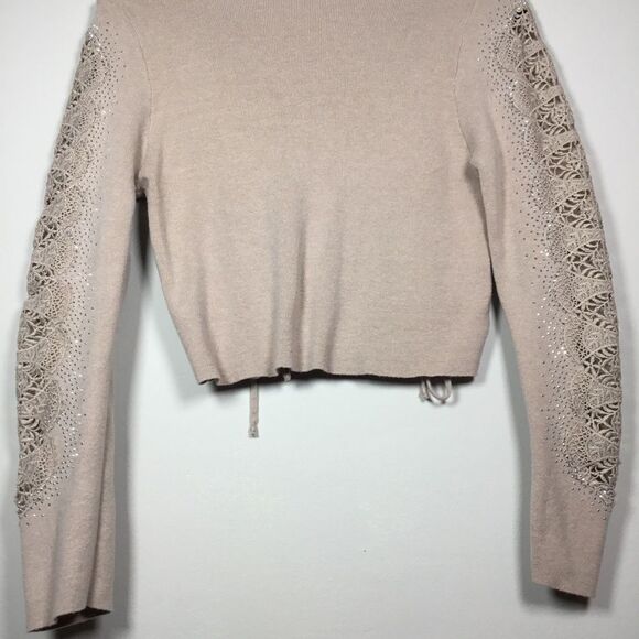 Blush pink taupe knit sweater with rhinestones and embroidery sleeve v neck XL - Picture 9 of 10